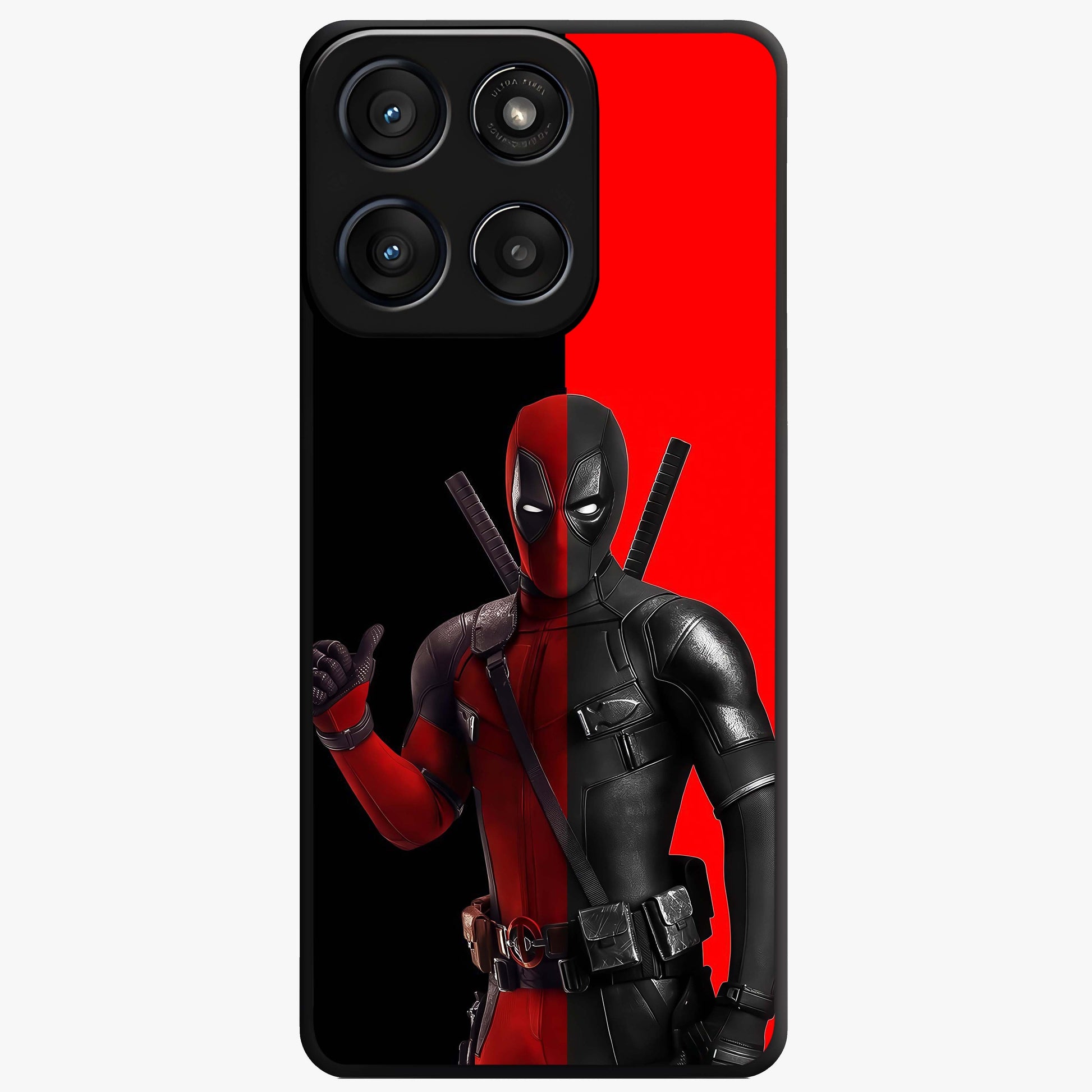 Red & Black Deadpool Theme Glass Case showing flat back view with bold comic inspired artwork and glossy glass finish.