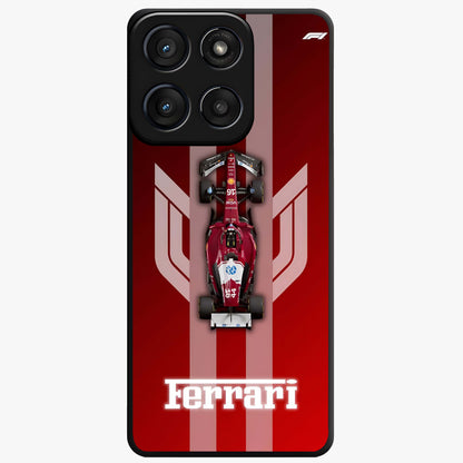 Red Ferrari F1 Vertical Glass Case showing flat back view with sleek Formula racing car artwork and glossy glass finish.