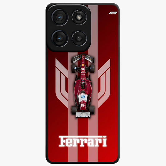 Red Ferrari F1 Vertical Glass Case showing flat back view with sleek Formula racing car artwork and glossy glass finish.
