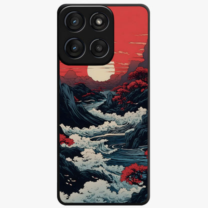 Red Sunset Scenery Glass Case showing flat back view with vibrant sunset landscape artwork and glossy glass finish.