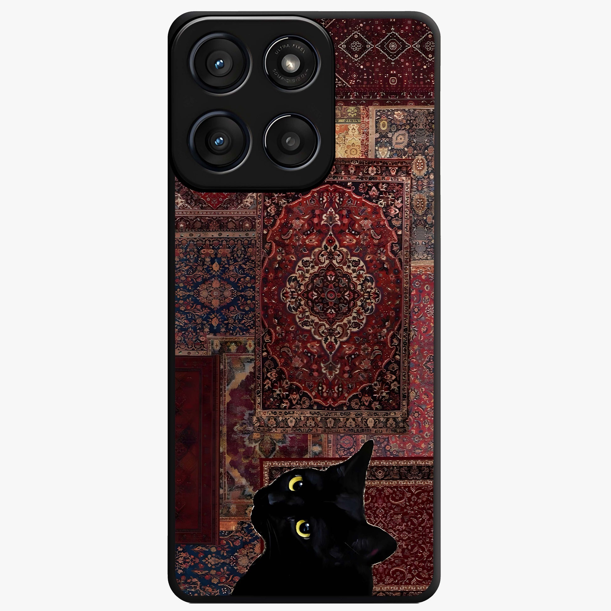 Regal Magic Cat Apple Glass Case showing flat back view with magical cat artwork holding apple and glossy glass finish.