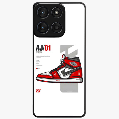 Retro Sneaker Blueprint Glass Case showing flat back view with sneaker blueprint style artwork and glossy glass finish.
