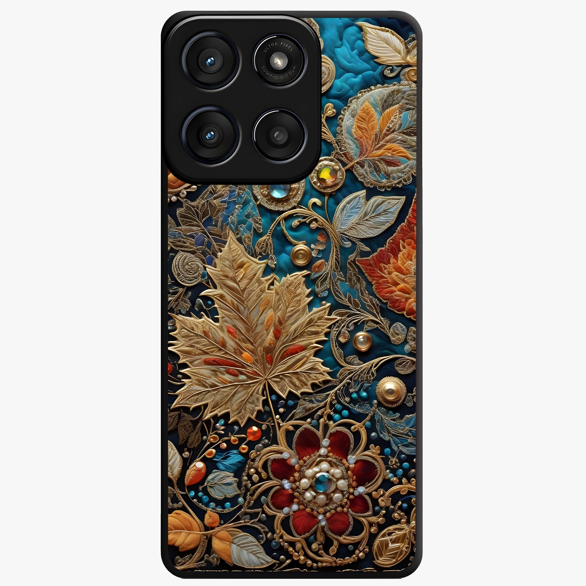Royal Jewel Garden Glass Case showing flat back view with decorative floral garden artwork and glossy glass finish.