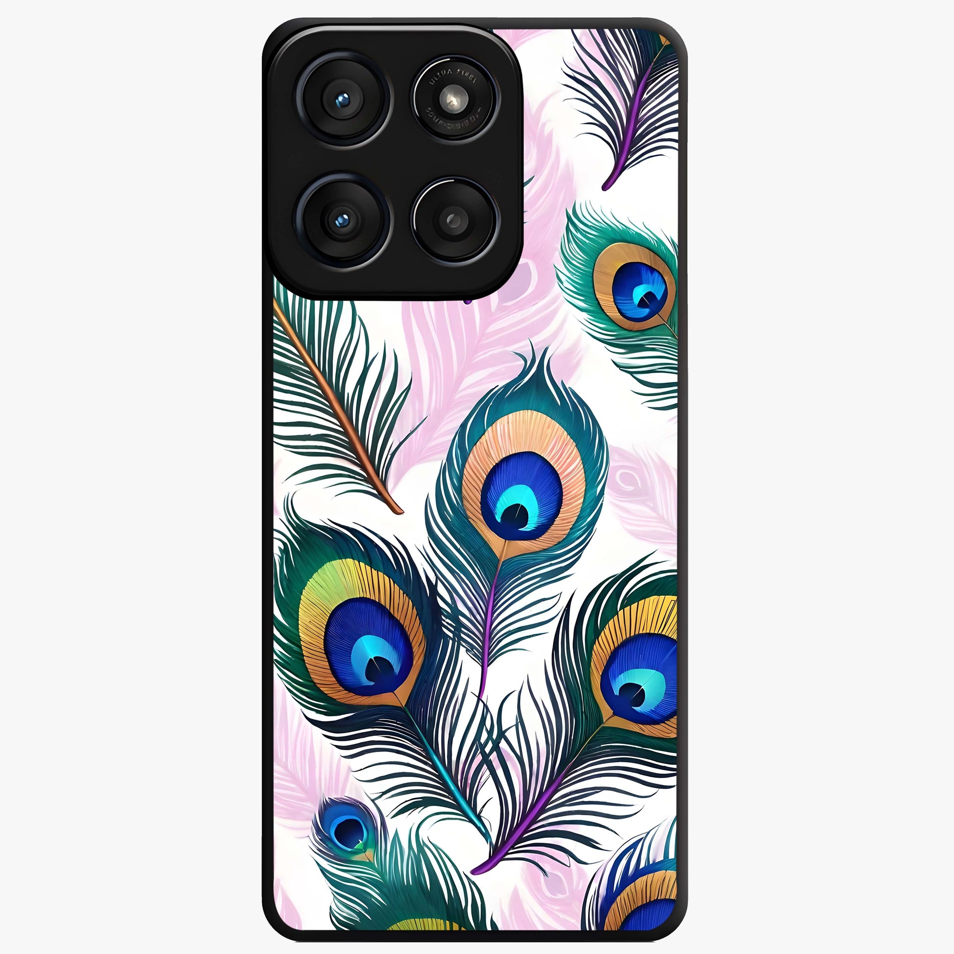 Royal Peacock Feathers Glass Case showing flat back view with colorful peacock feather artwork and glossy glass finish.