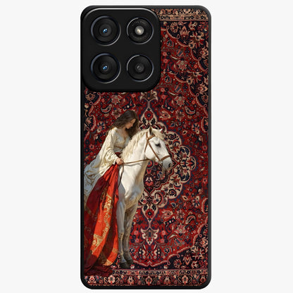Royal Rider Tapestry Glass Case showing flat back view with majestic horse rider tapestry artwork and glossy glass finish.