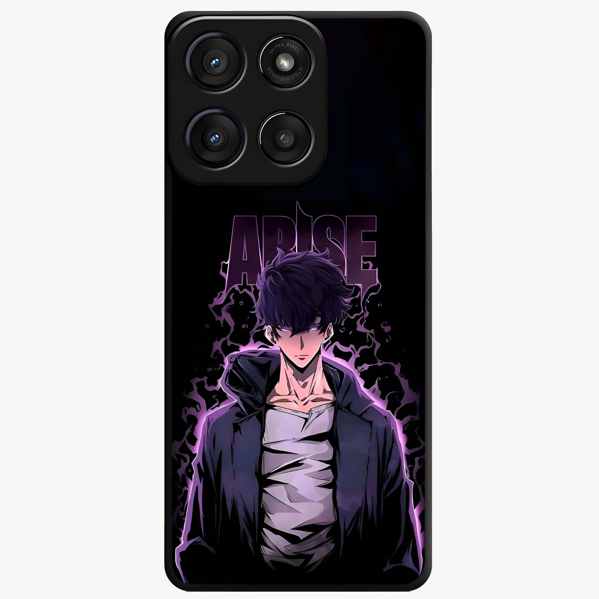 Shadow Monarch Awakening Glass Case showing flat back view with powerful dark monarch themed artwork and glossy glass finish.
