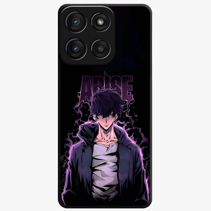 Shadow Monarch Awakening Glass Case showing flat back view with powerful dark monarch themed artwork and glossy glass finish.