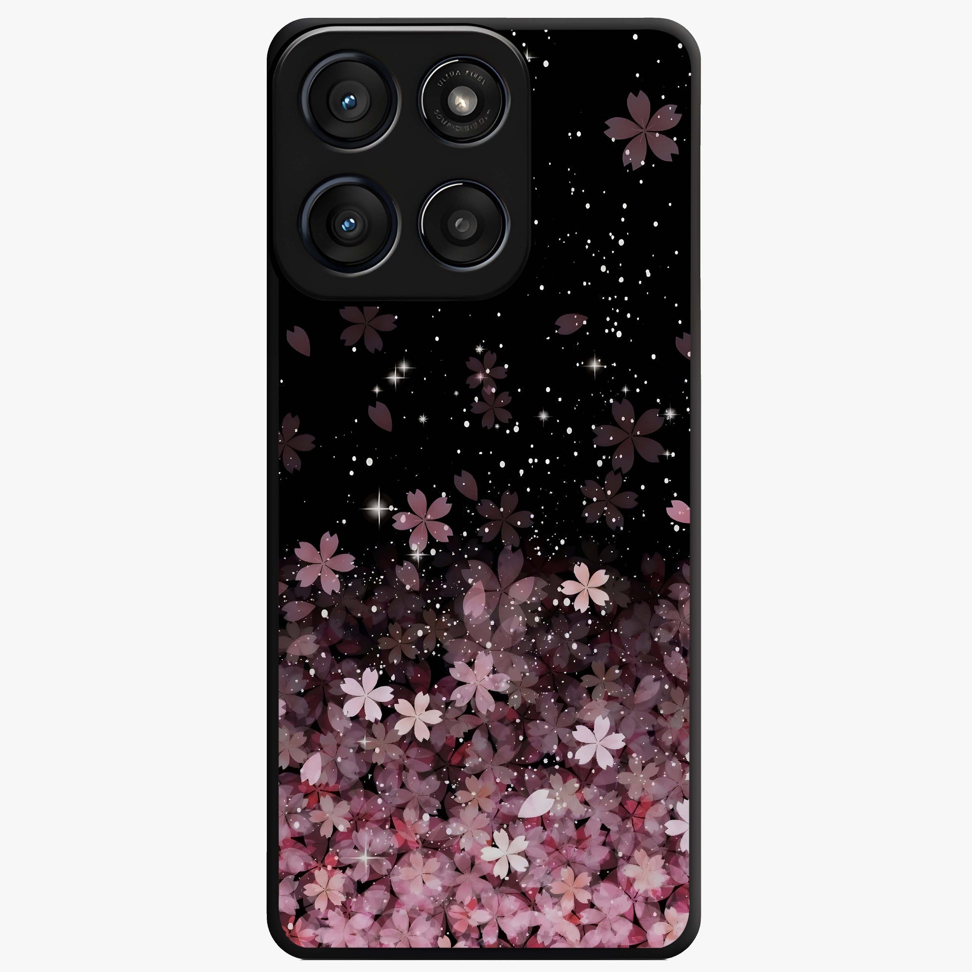 Small Starry Flowers Glass Case showing flat back view with delicate starry floral artwork and glossy glass finish.