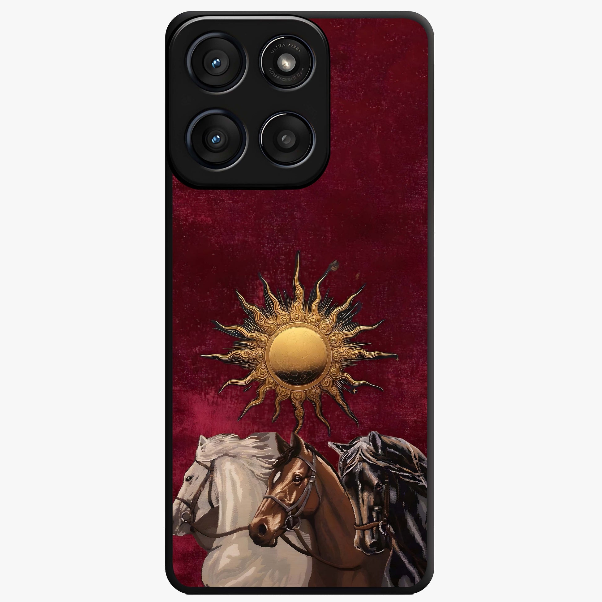 Solar Riders Glass Case showing flat back view with dynamic rider themed artwork and glossy glass finish.