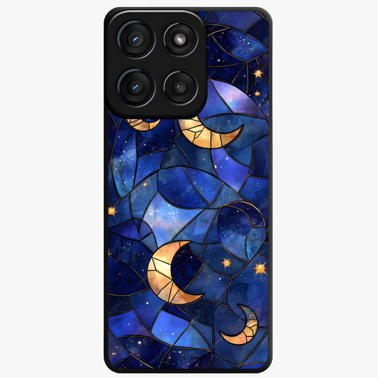 Starlit Sky Tapestry Glass Case showing flat back view with decorative starry sky tapestry artwork and glossy glass finish.