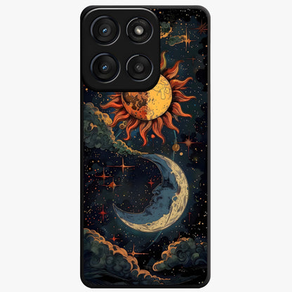 Sun And Moon Magic Design Glass Case showing flat back view with mystical sun and moon artwork and glossy glass finish.