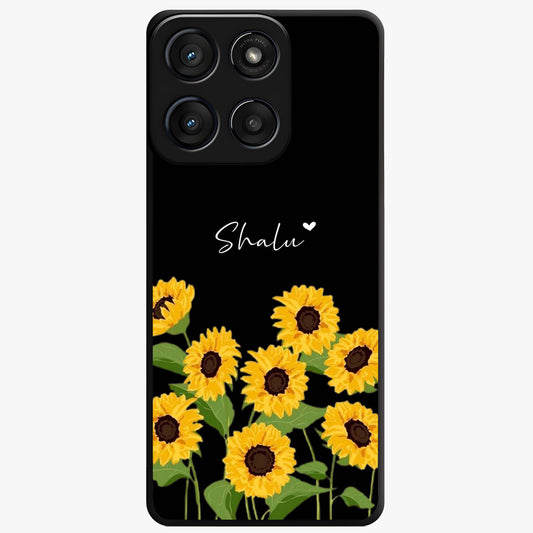 Sunflower Chic Mood Custom Name Glass Case showing flat back view with stylish sunflower artwork and personalized name design.