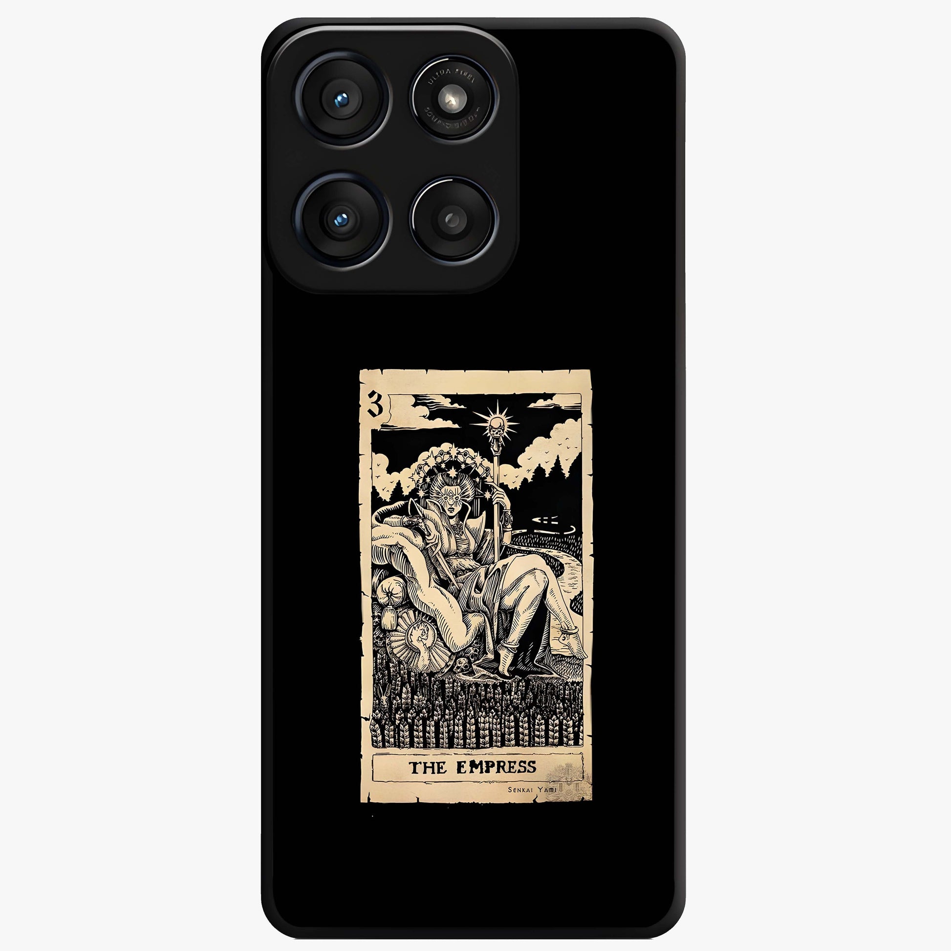 The Empress Glass Case showing flat back view with regal feminine artwork and glossy glass finish.