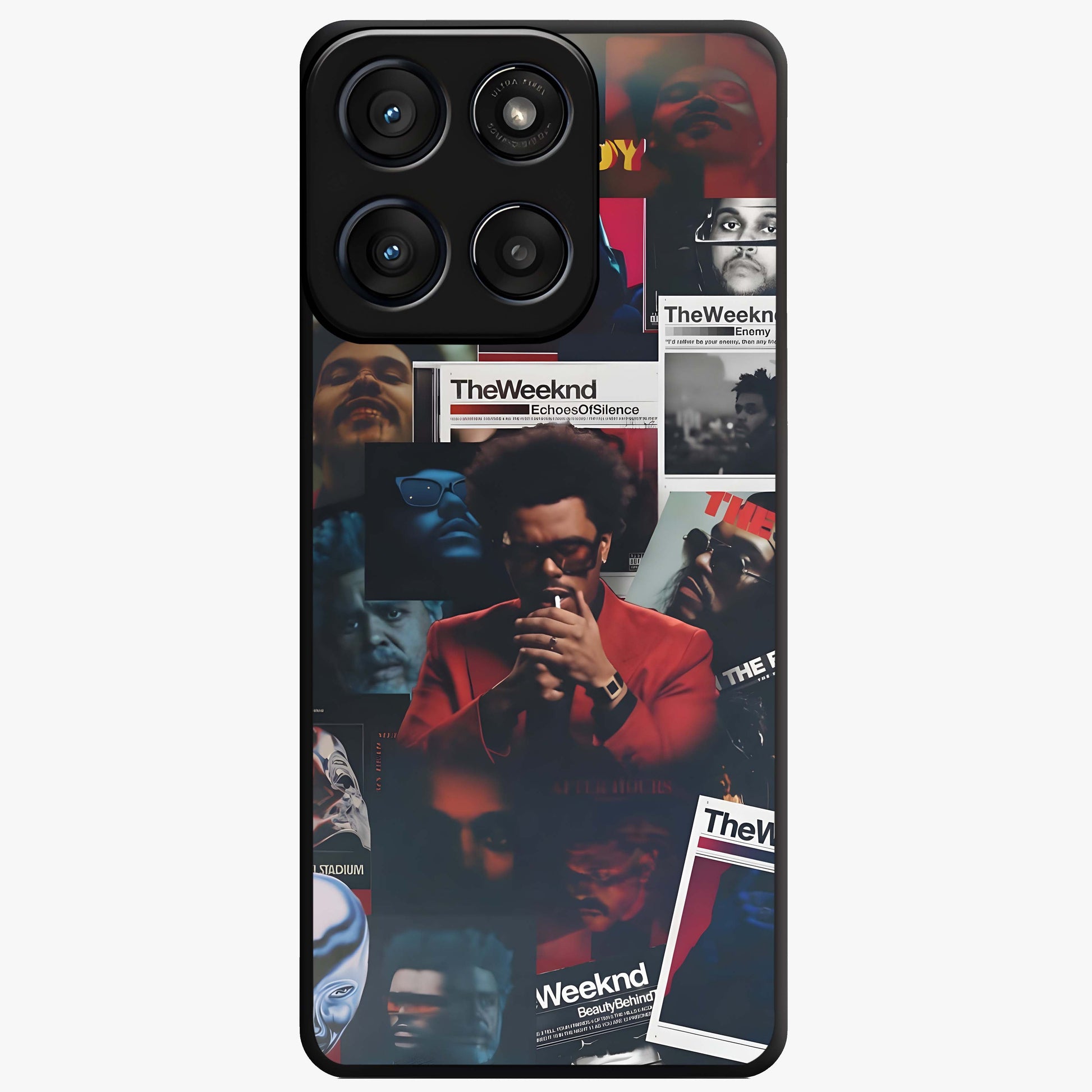 The Weeknd Glass Case showing flat back view with music inspired artistic portrait artwork and glossy glass finish.