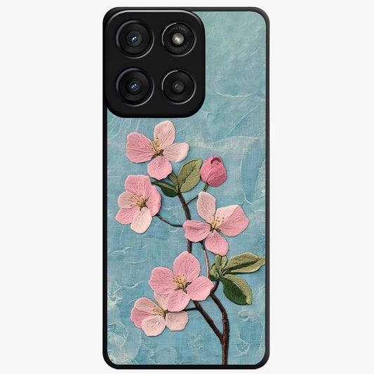 Threaded Blossom Breeze Glass Case showing flat back view with delicate blossom artwork and glossy glass finish.