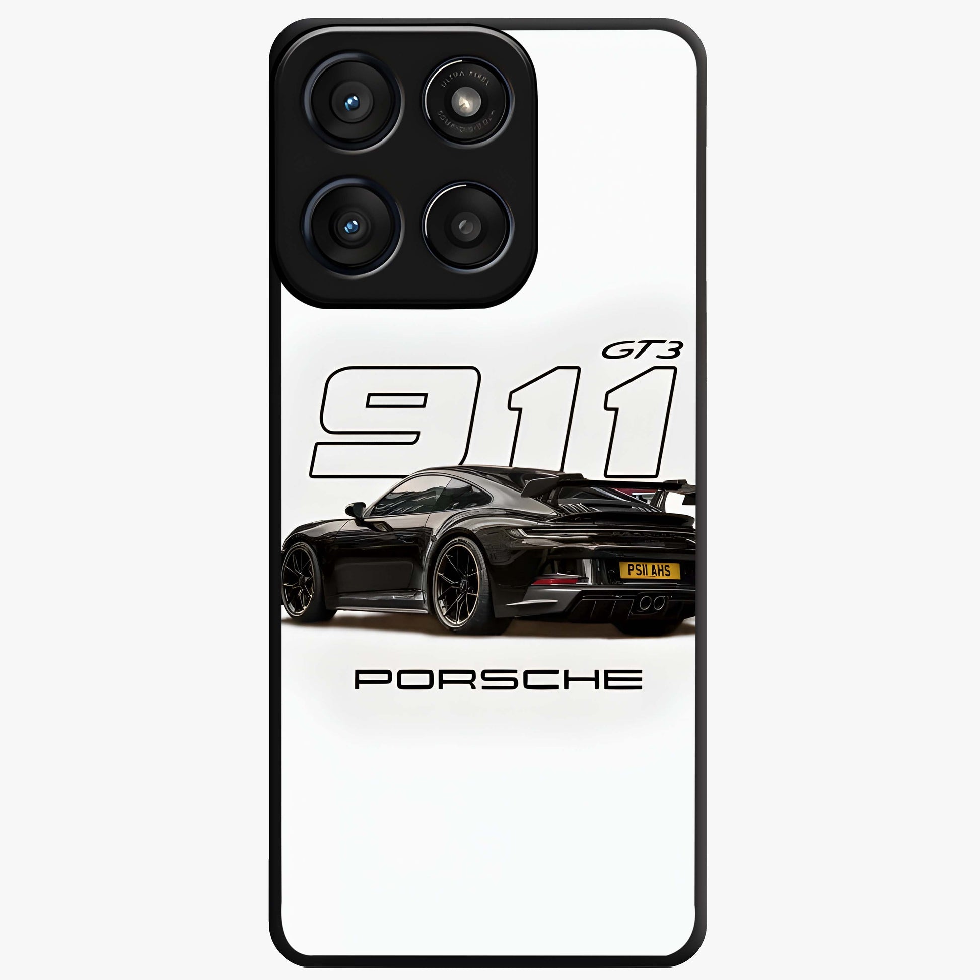 Turbo Legacy Icon Glass Case showing flat back view with iconic sports car inspired artwork and glossy glass finish.