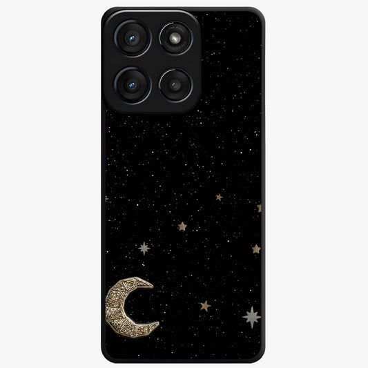 Twinkle Star With Half Moon Glass Case showing flat back view with star and half moon artwork and glossy glass finish.