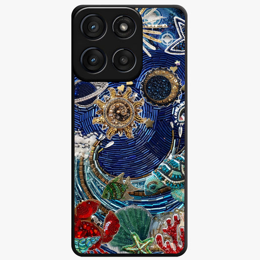 Universe Underwater Spark Glass Case showing flat back view with cosmic underwater themed artwork and glossy glass finish.