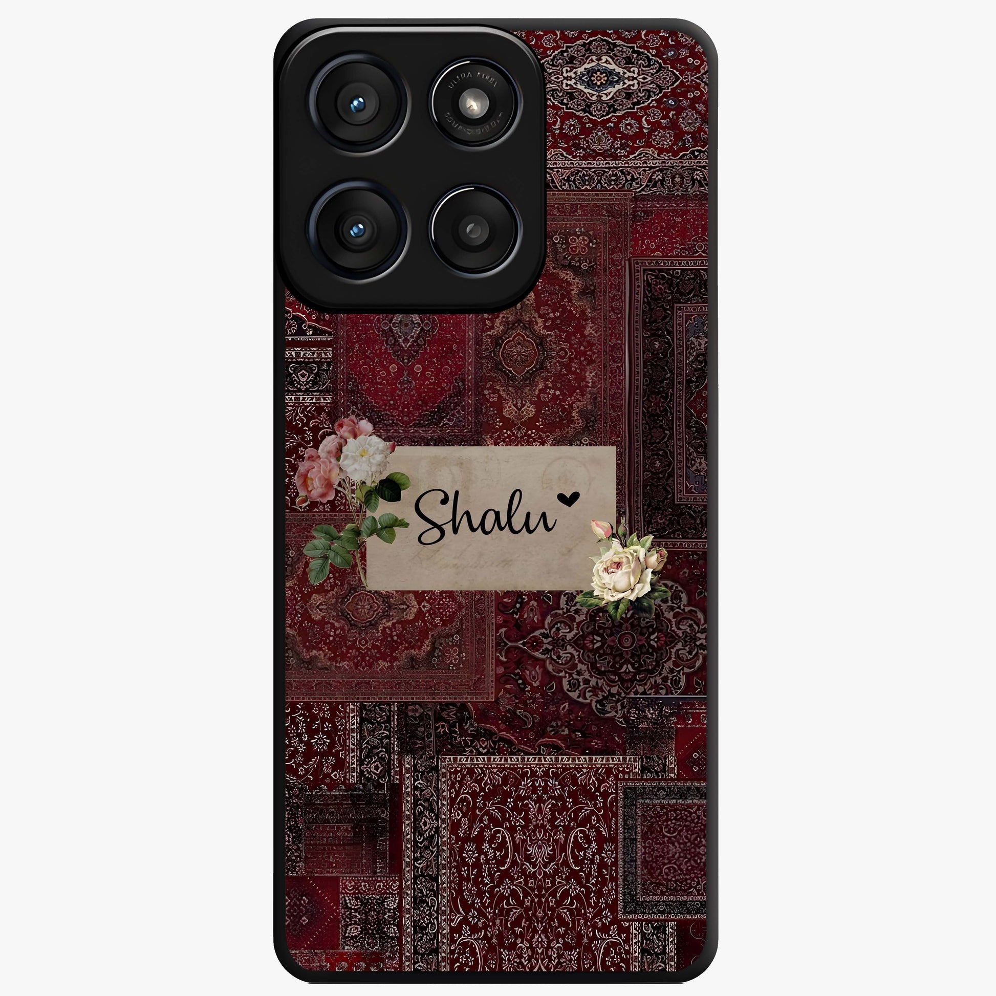 Velvet Wine Pattern Custom Name Glass Case showing flat back view with elegant wine colored pattern artwork and personalized name design.