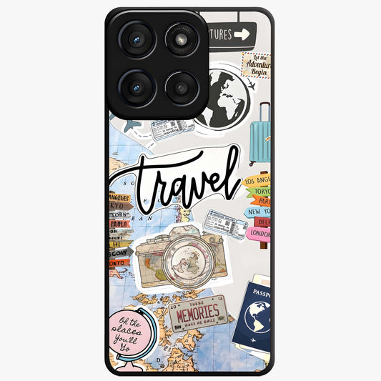 Wanderlust Journal Glass Case showing flat back view with travel inspired artwork and glossy glass finish.