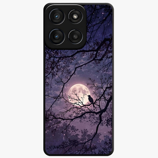 Whispering Moon Silence Glass Case showing flat back view with serene moon themed artwork and glossy glass finish.