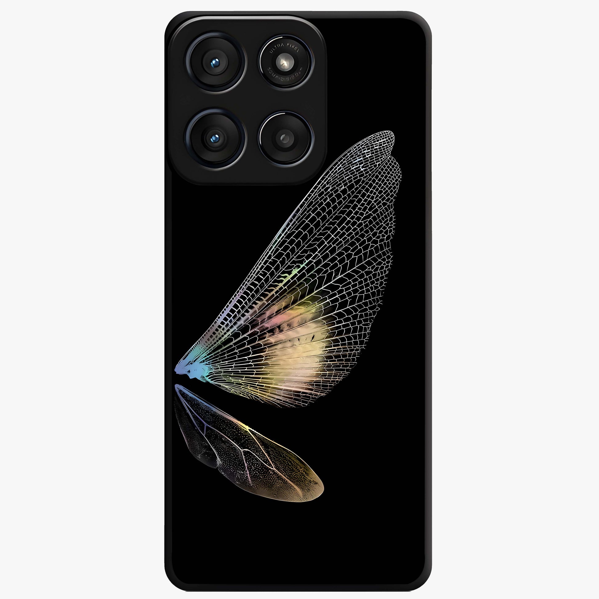 Whispers Of Wings Glass Case showing flat back view with graceful wing inspired artwork and glossy glass finish.