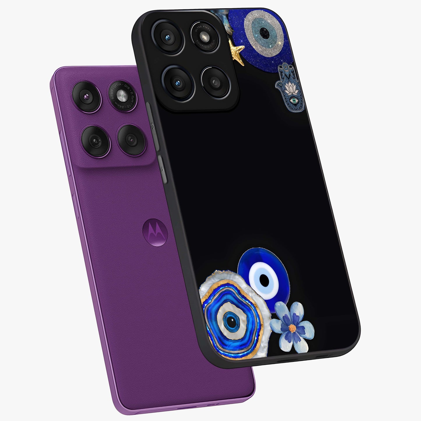 Aesthetic Blue Evil Eye Glass Case displayed in angled mockup highlighting blue evil eye symbol and spiritual aesthetic design.