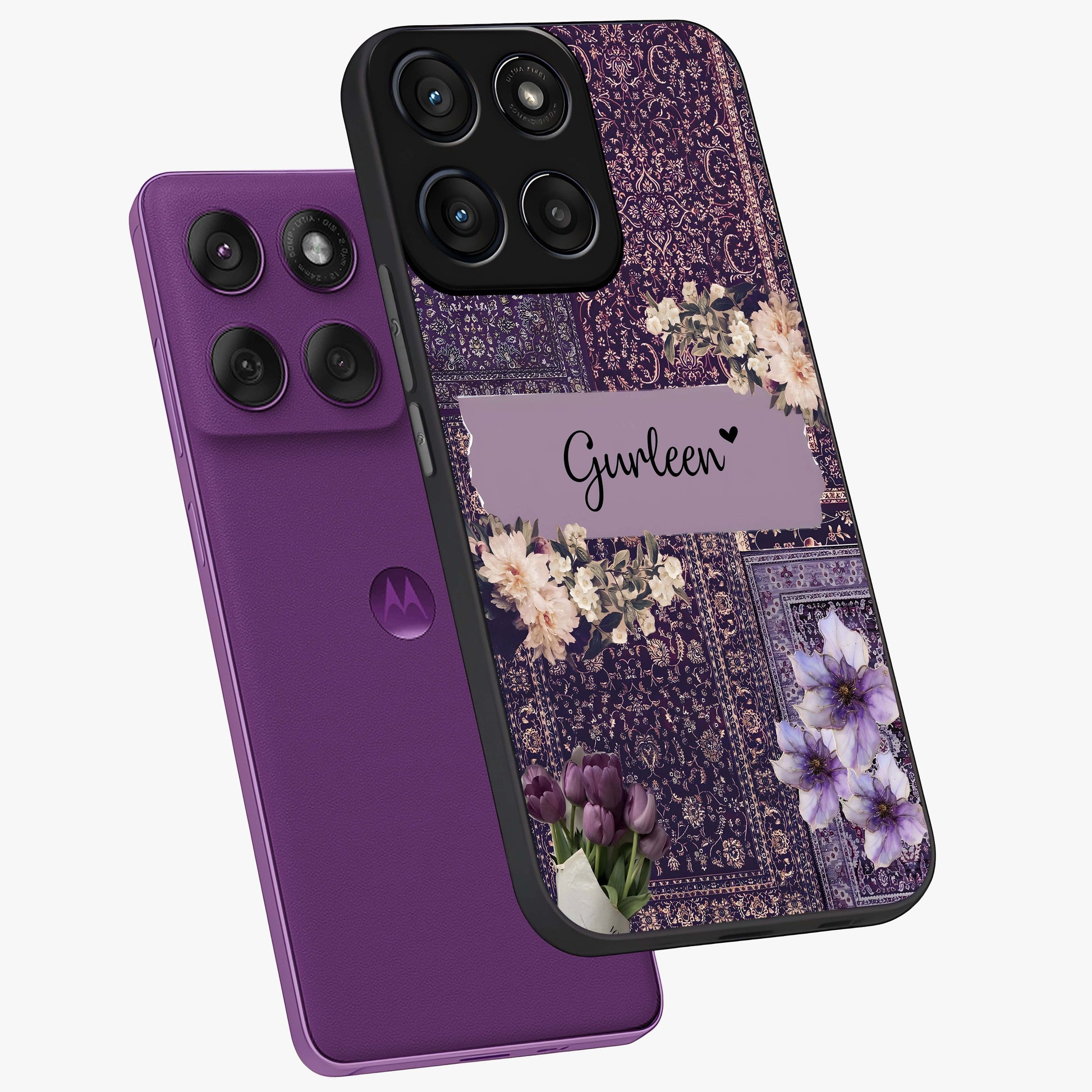 Antique Floral Whisper Custom Name Glass Case displayed in angled mockup highlighting elegant antique floral aesthetic.