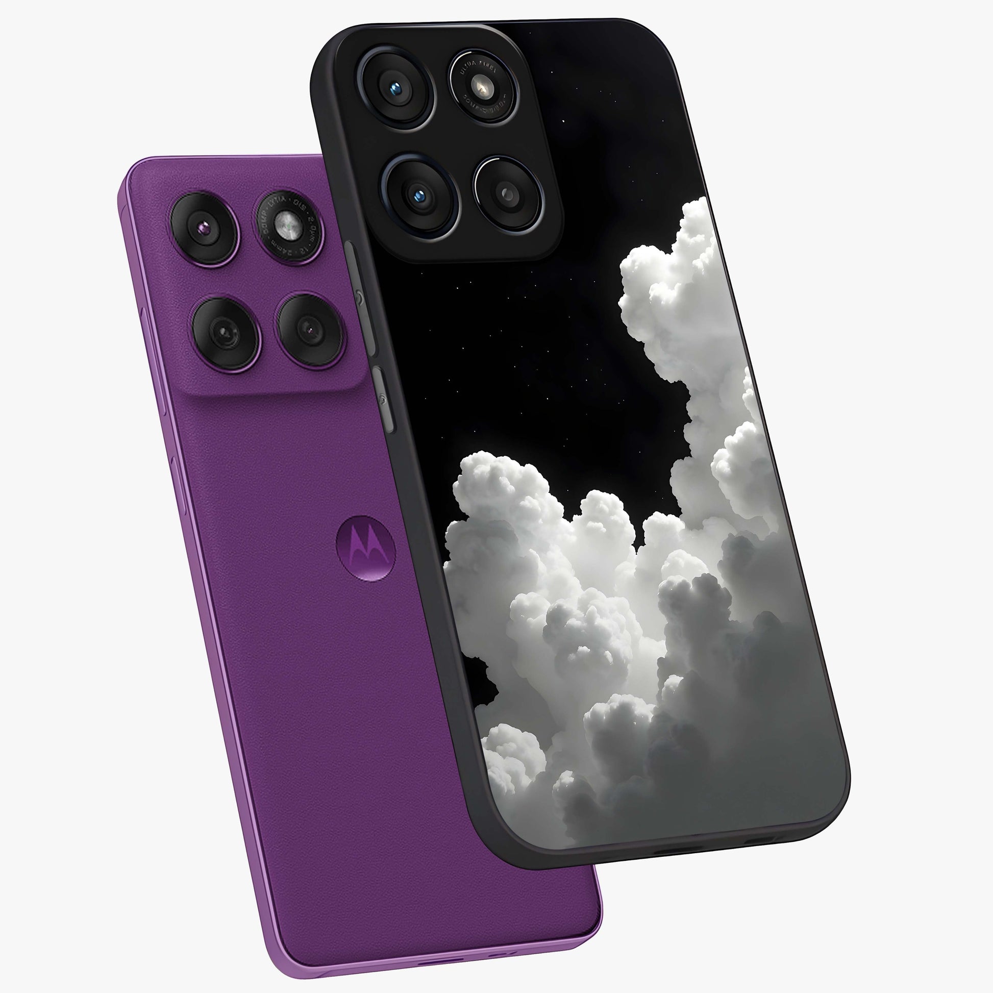 Black Background With White Cloud Glass Case displayed in angled mockup highlighting soft white cloud illustration and minimal design.