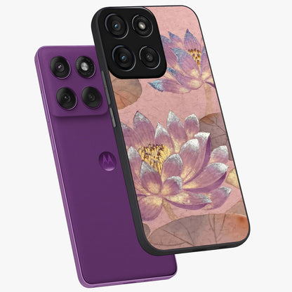 Blossom Mist Lotus Glass Case displayed in angled mockup highlighting delicate lotus illustration with calm aesthetic theme.