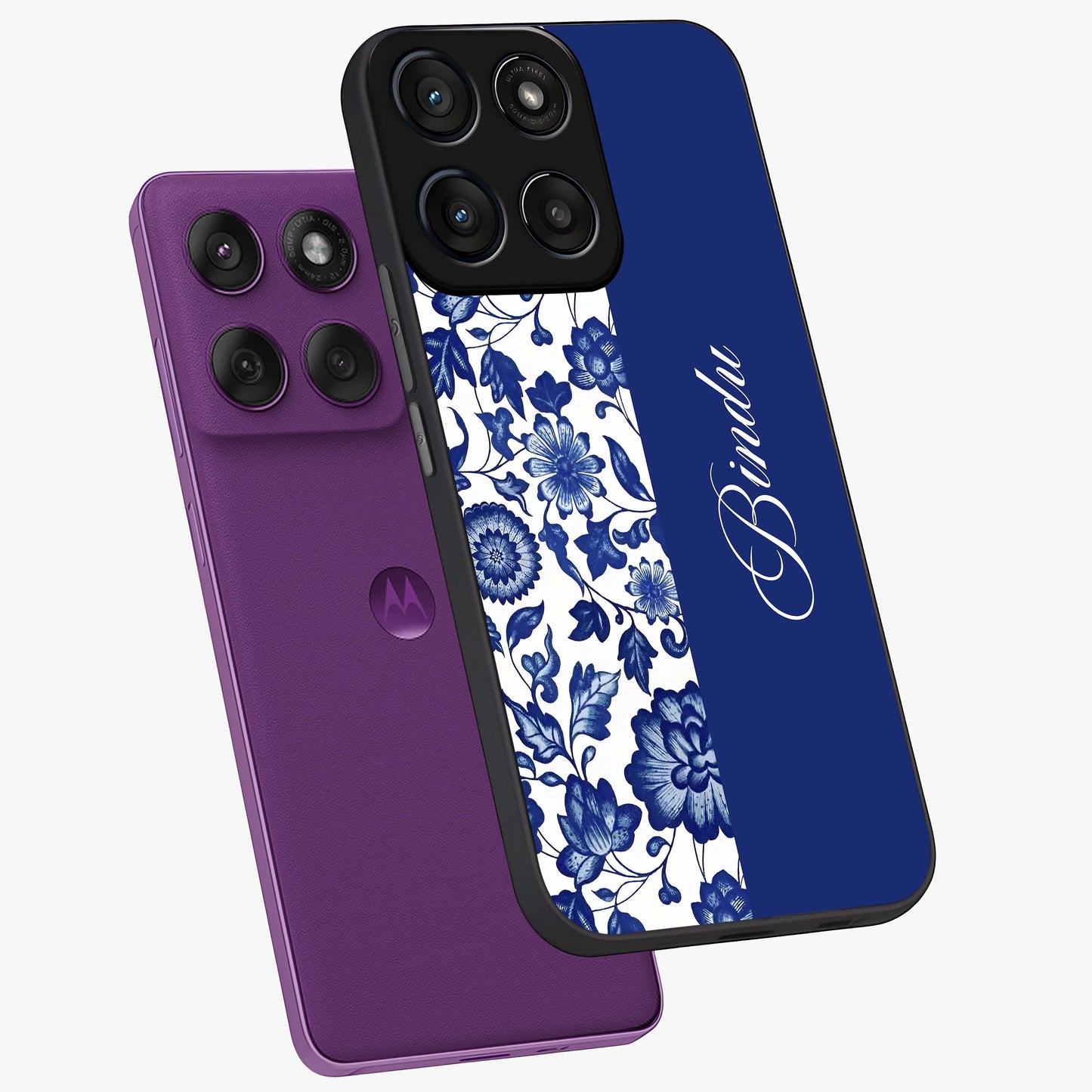 Blue Vintage Floral Pattern Glass Case displayed in angled mockup highlighting subtle bloom pattern with aesthetic pastel design.