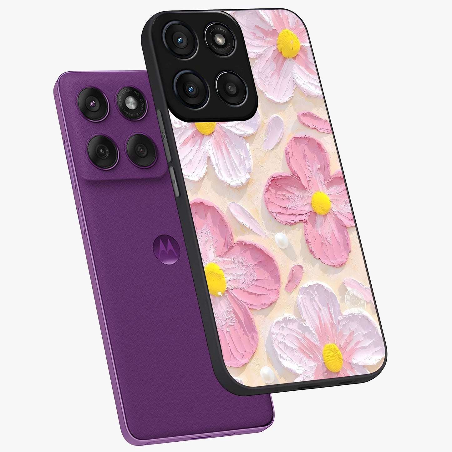 Blush Bloom Texture Glass Case displayed in angled mockup highlighting subtle bloom pattern with aesthetic pastel design.