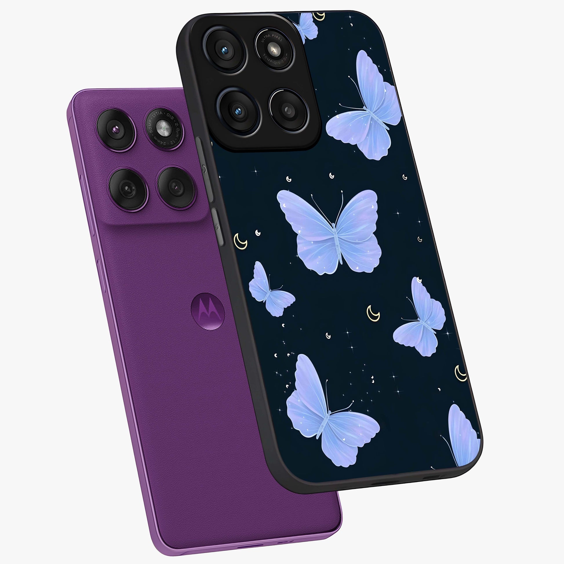 Butterfly With Stars Pattern Glass Case displayed in angled mockup highlighting dreamy butterfly and star design with aesthetic theme.