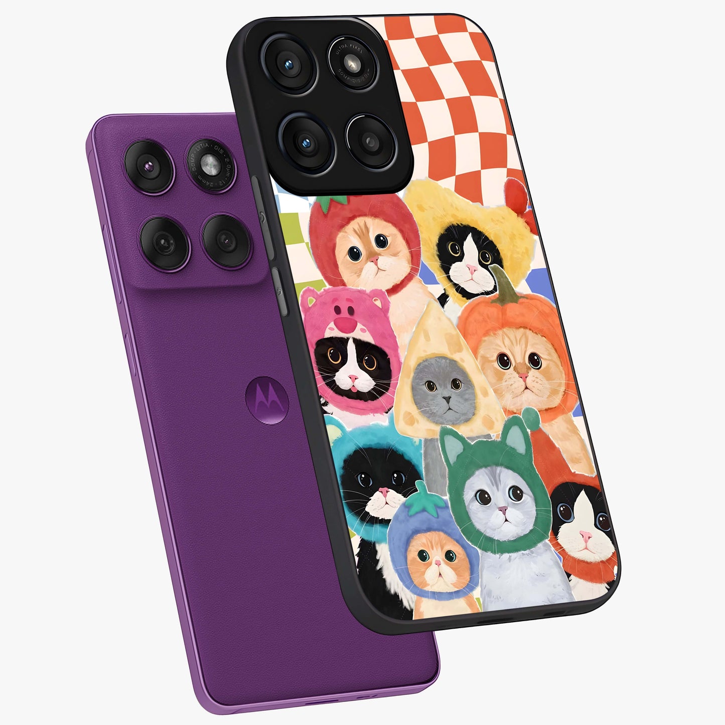 Cats in Fruits Glass Case displayed in angled mockup highlighting cute feline fruit design with colorful aesthetic style.