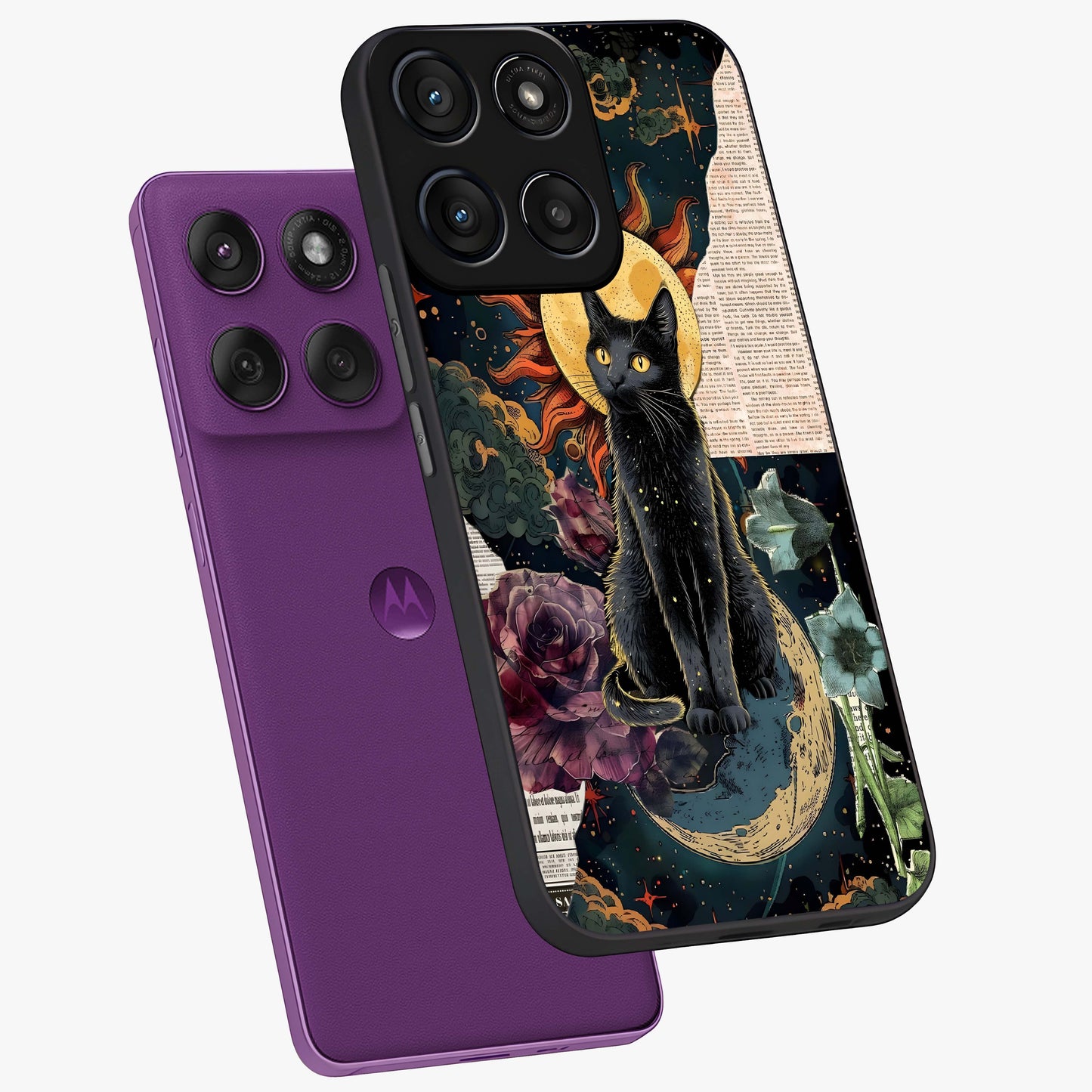 Celestial Black Cat Glass Case displayed in angled mockup highlighting cosmic black cat design with celestial aesthetic.