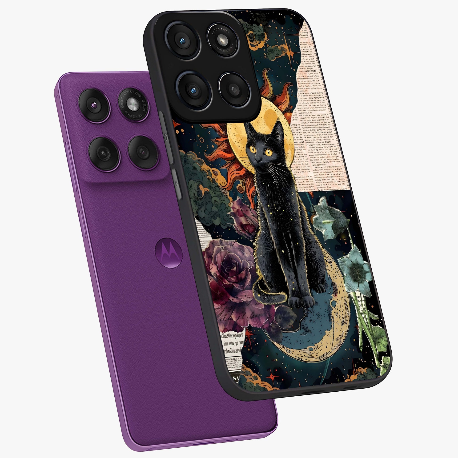 Celestial Black Cat Glass Case displayed in angled mockup highlighting cosmic black cat design with celestial aesthetic.