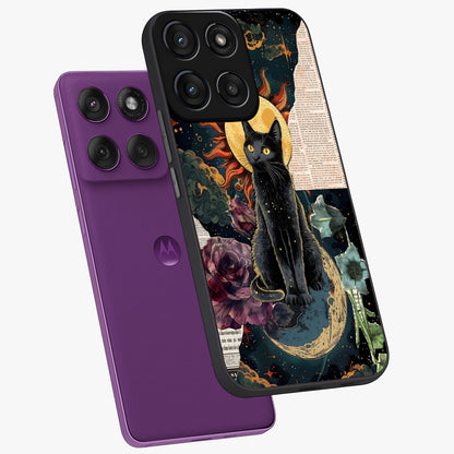 Celestial Black Cat Glass Case displayed in angled mockup highlighting cosmic black cat design with celestial aesthetic.