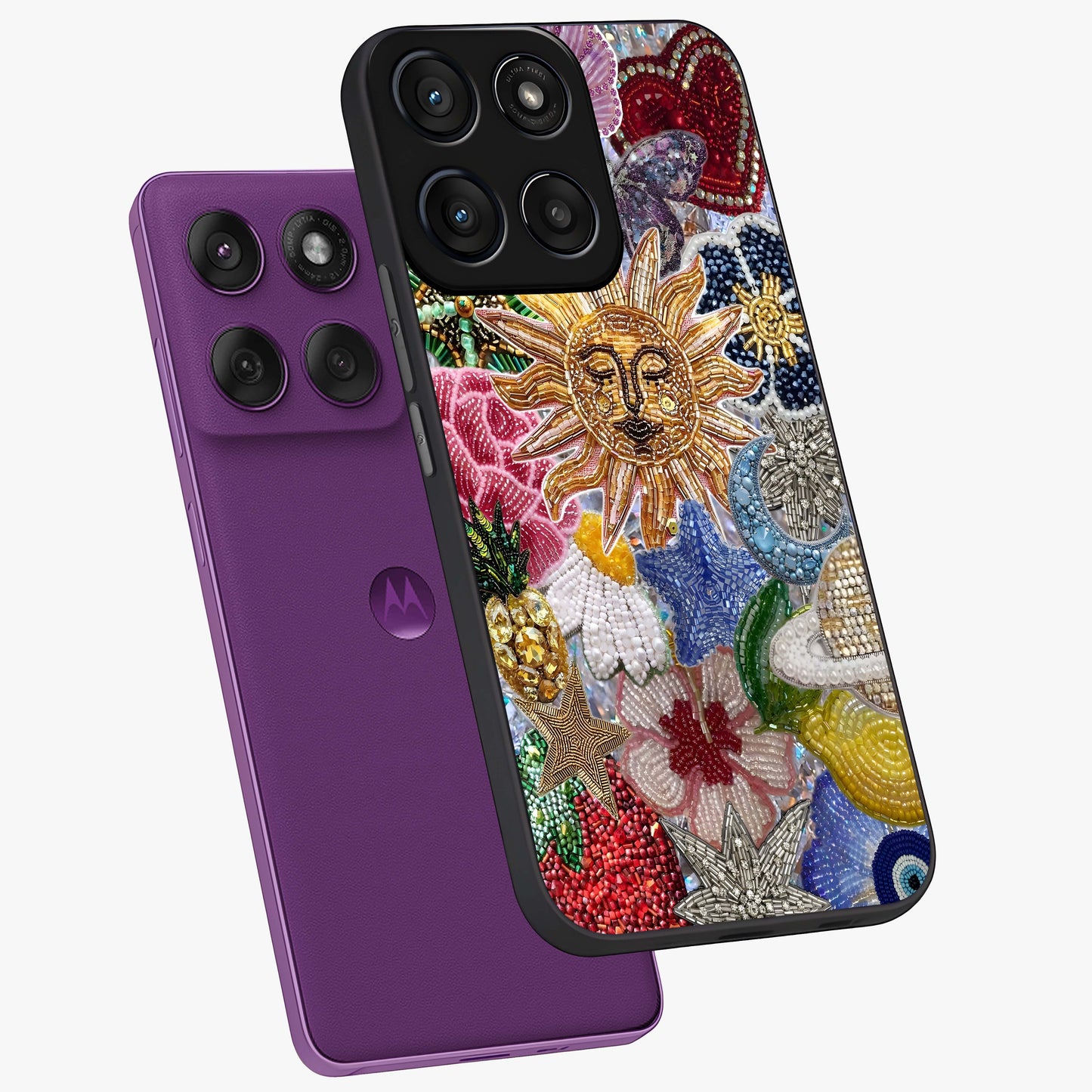 Celestial Floral and Playful Glass Case displayed in angled mockup highlighting playful floral design with dreamy celestial elements.