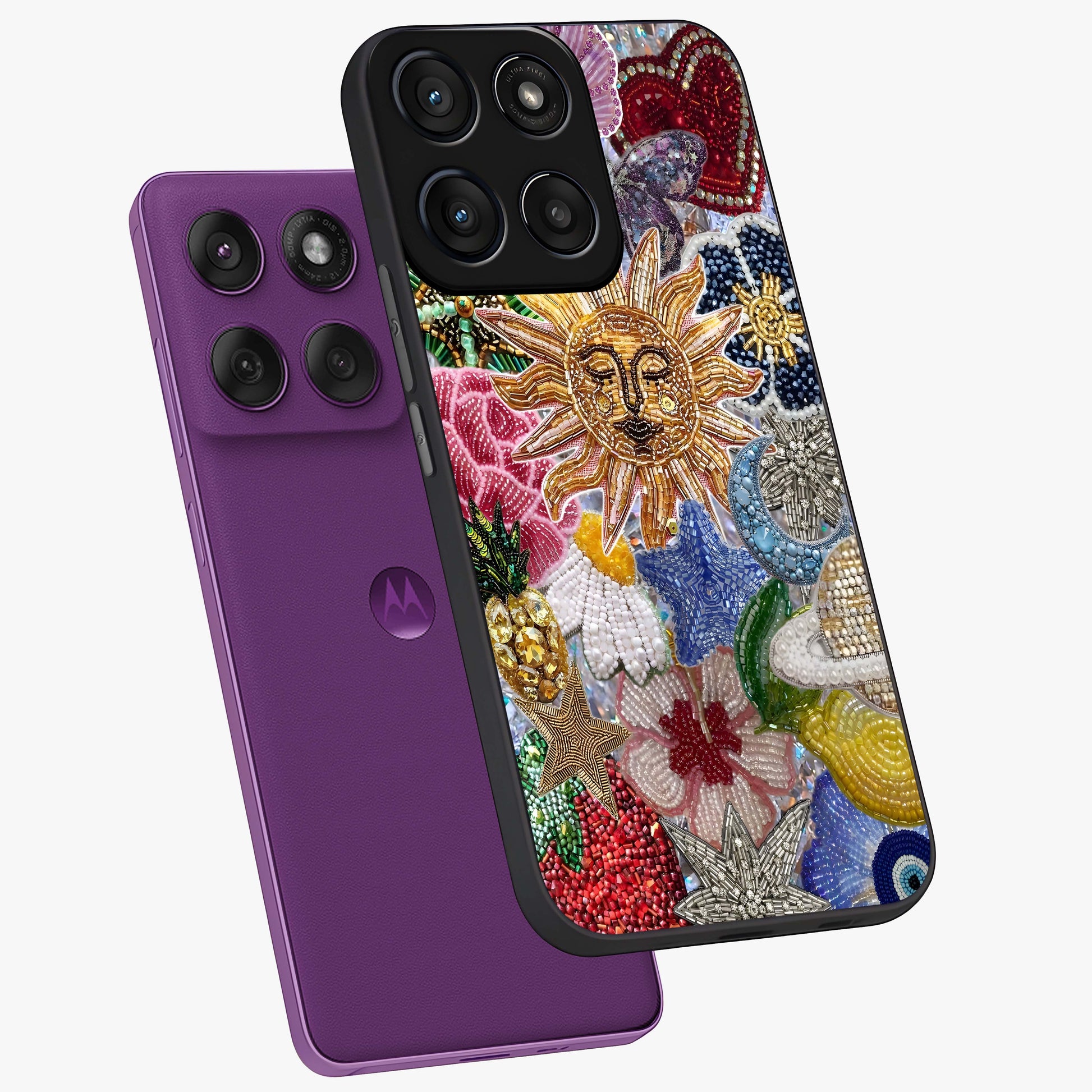 Celestial Floral and Playful Glass Case displayed in angled mockup highlighting playful floral design with dreamy celestial elements.