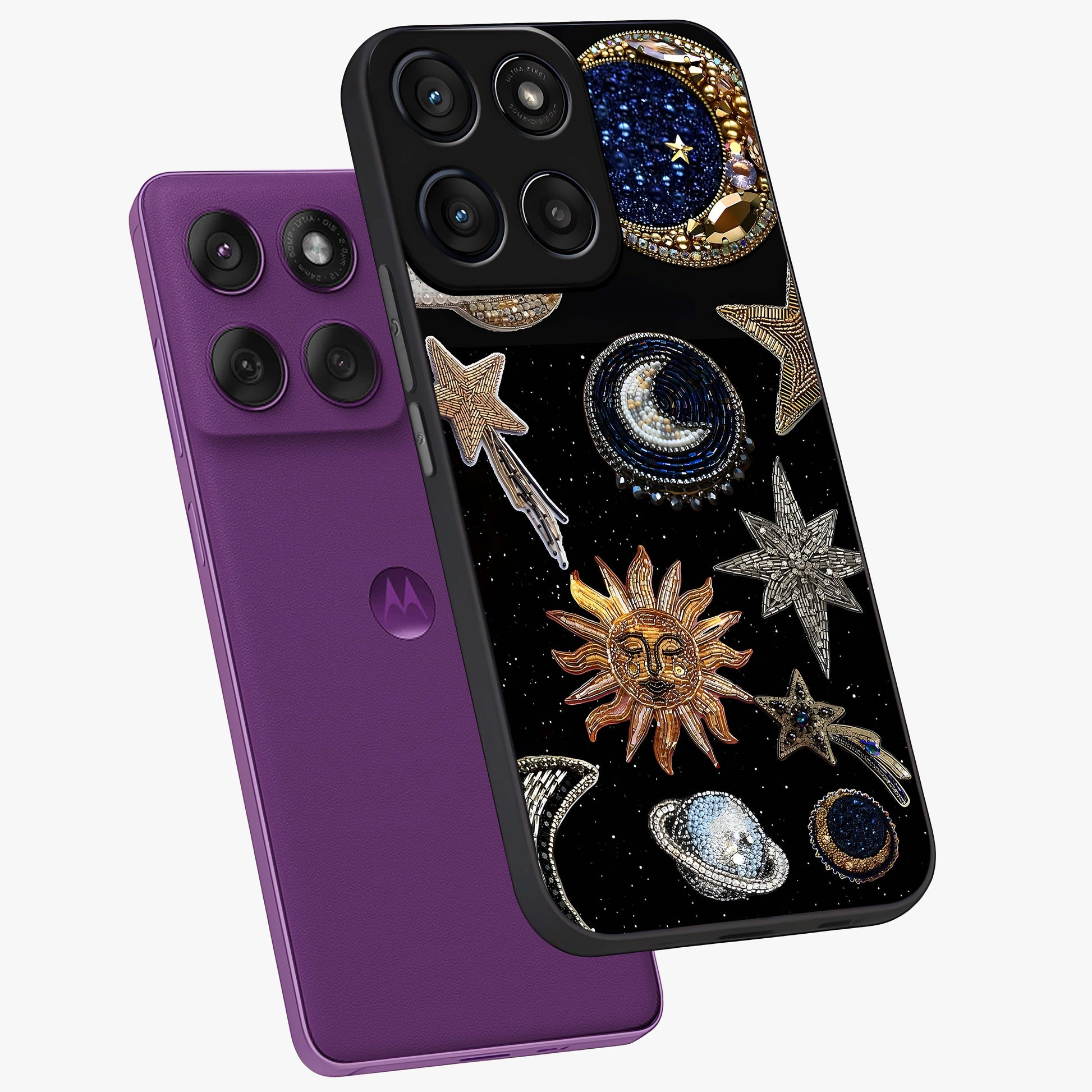 Celestial Gem Constellations Glass Case displayed in angled mockup highlighting gemstone inspired constellation design.