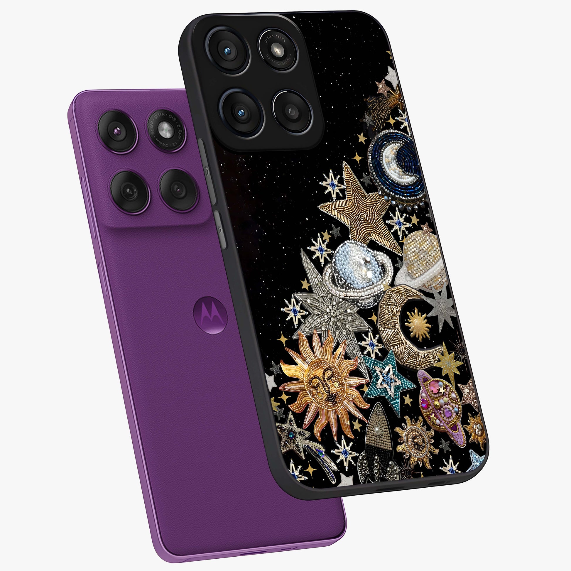 Cosmic Sparkle Dreams Glass Case displayed in angled mockup highlighting dreamy star sparkle design with celestial aesthetic.