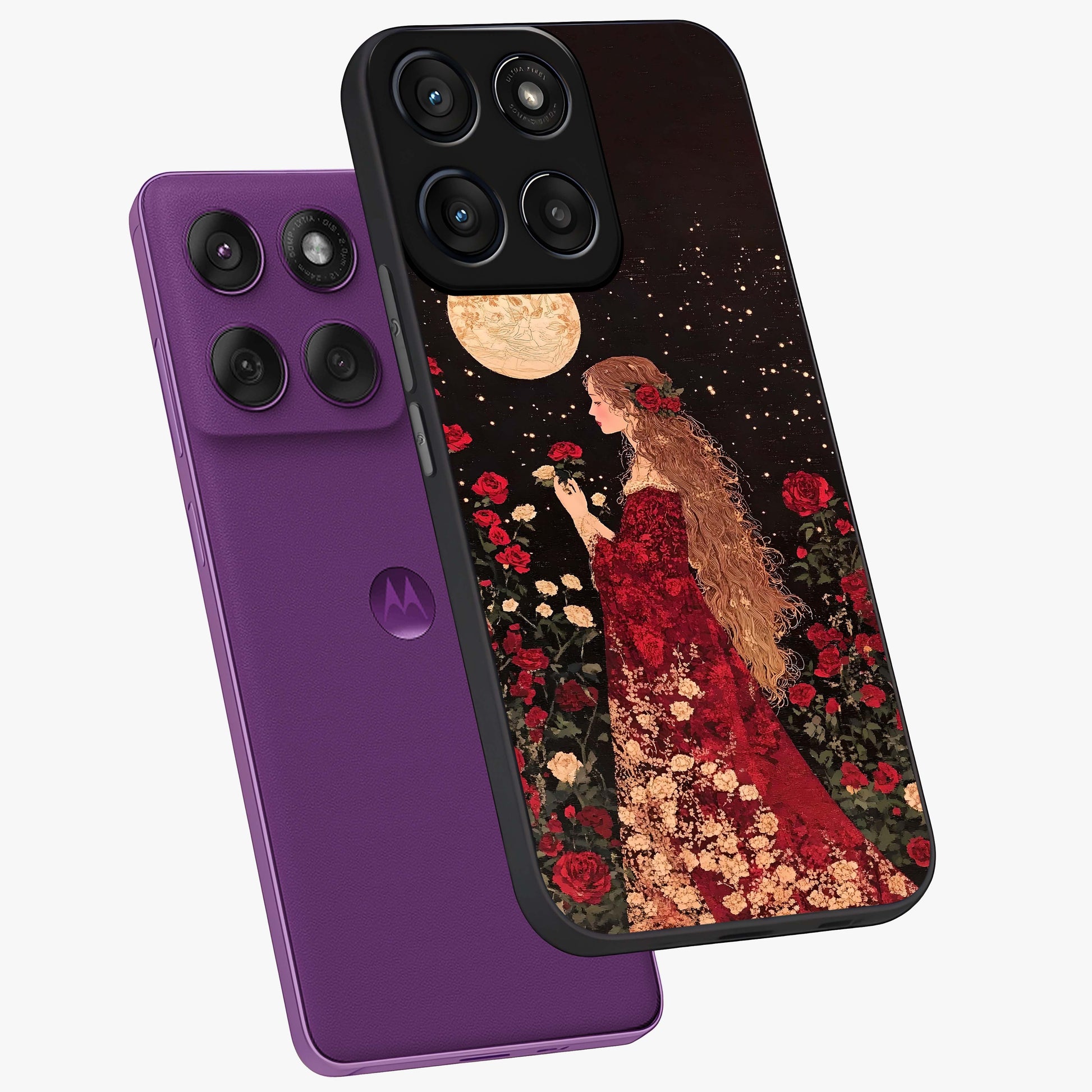 Crimson Dreams Glass Case displayed in angled mockup highlighting soft crimson aesthetic design with artistic theme.