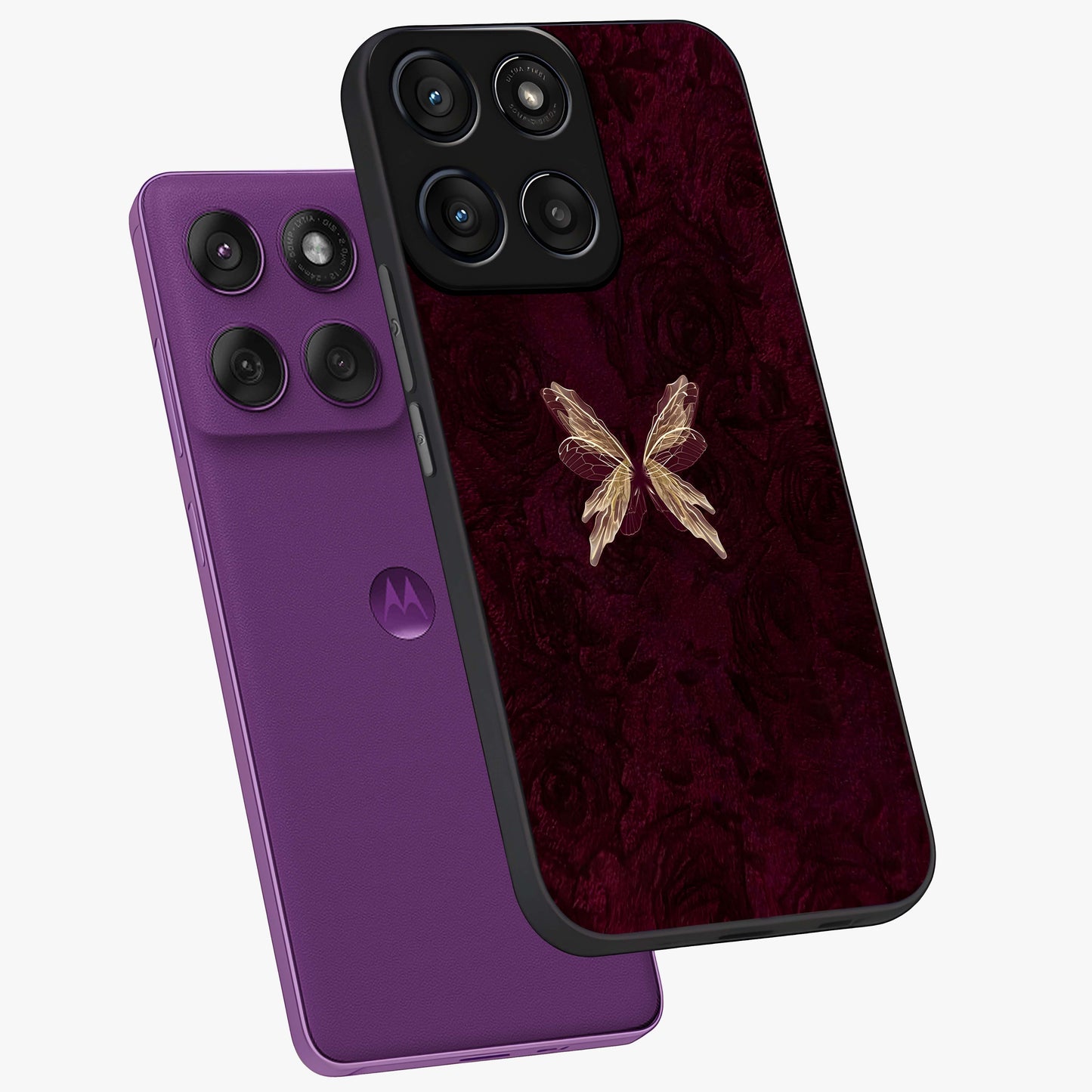 Crimson Fade Butterfly Glass Case displayed in angled mockup highlighting elegant butterfly design with crimson gradient aesthetic.