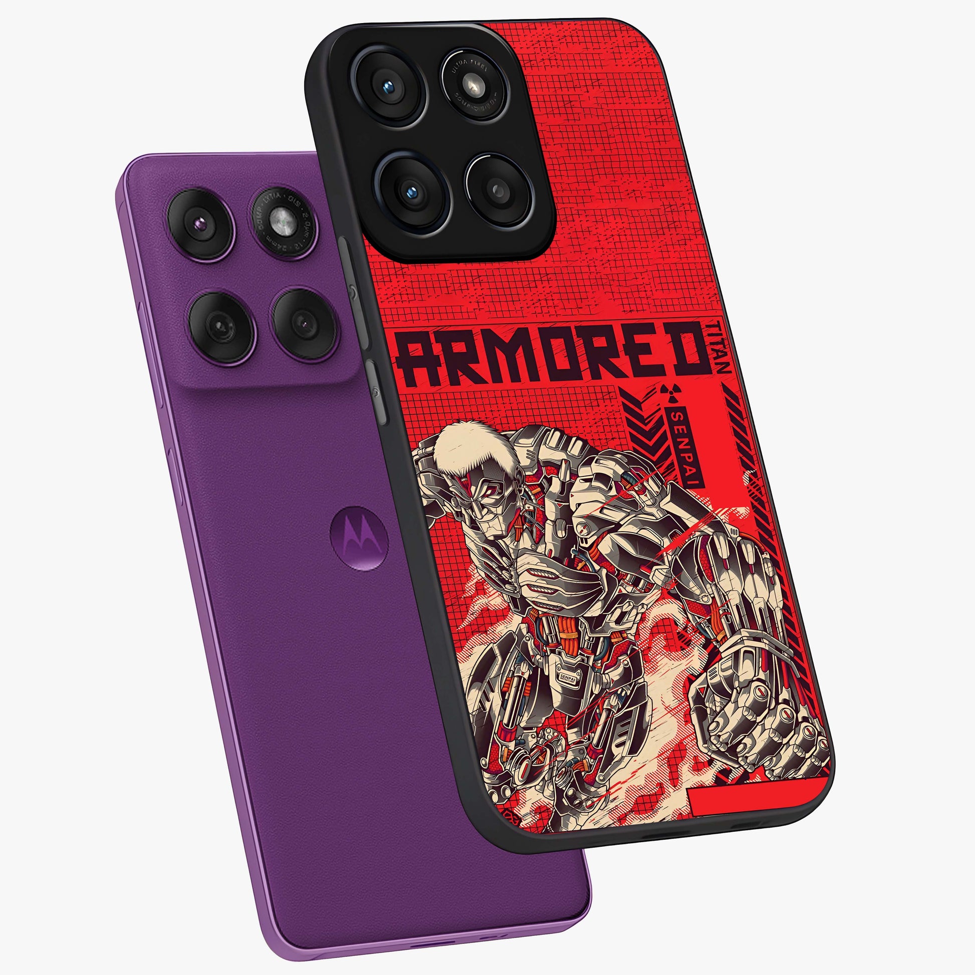 Crimson Mecha Titan Glass Case displayed in angled mockup highlighting futuristic mech illustration with bold crimson aesthetic.