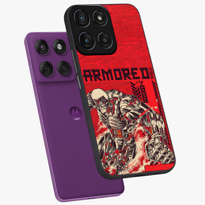 Crimson Mecha Titan Glass Case displayed in angled mockup highlighting futuristic mech illustration with bold crimson aesthetic.