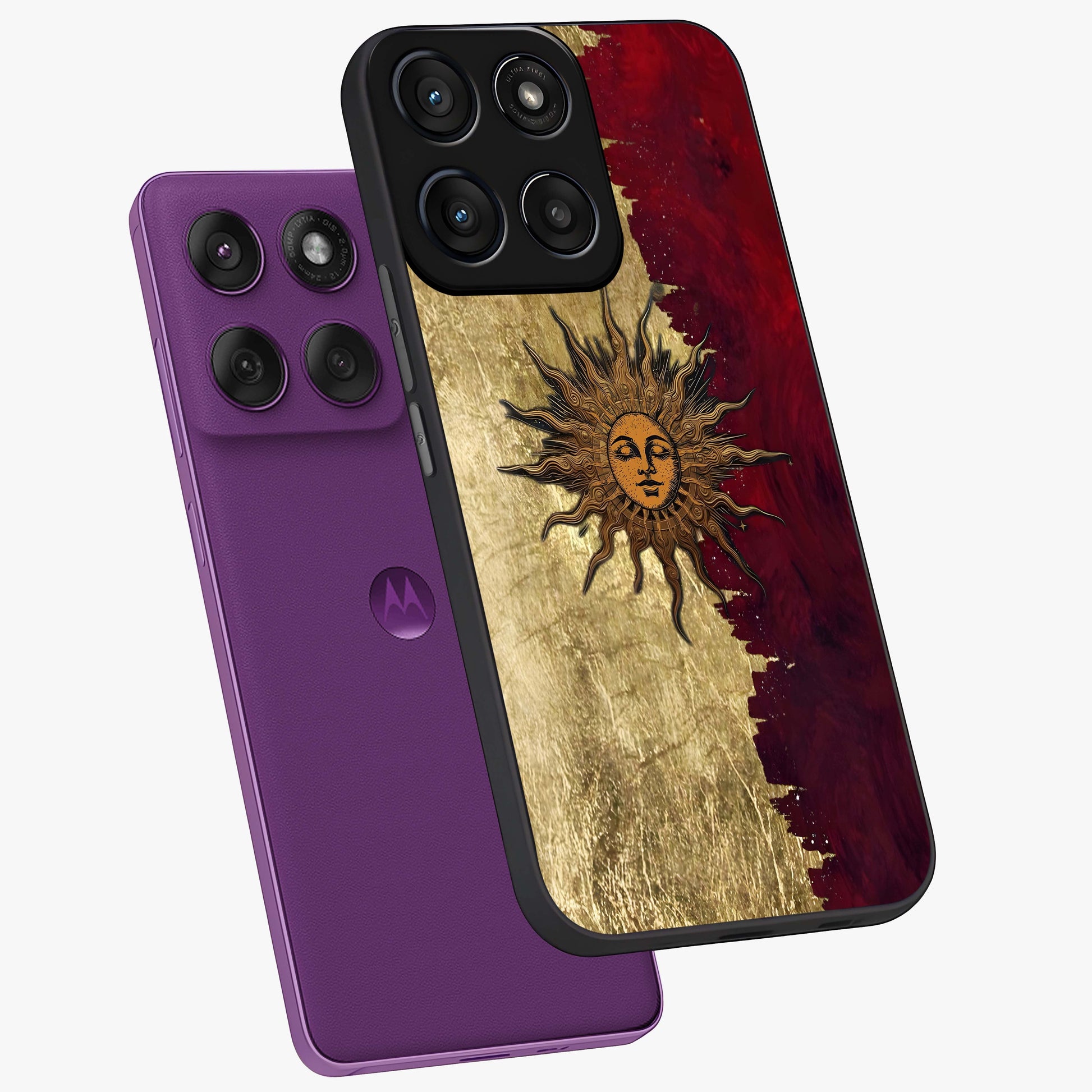 Crimson Sun Majesty Glass Case displayed in angled mockup highlighting majestic crimson sun design with bold aesthetic style.