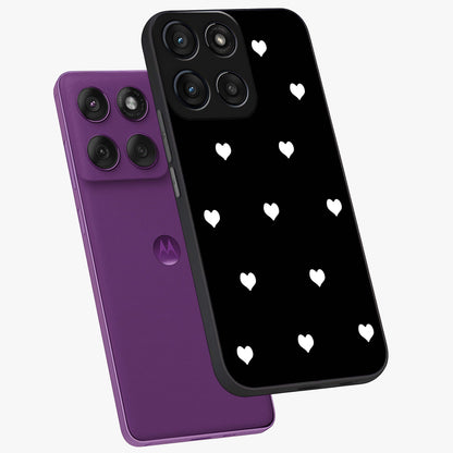 Cute And Simple White Hearts Glass Case displayed in angled mockup highlighting cute heart design with clean aesthetic style.
