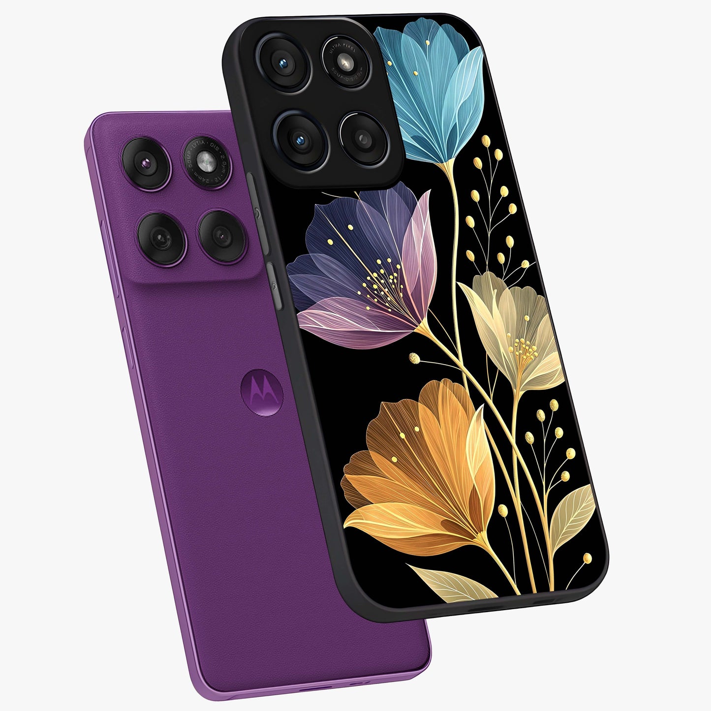 Delicate Multicolor Flowers Glass Case displayed in angled mockup highlighting colorful flower pattern with soft aesthetic style.