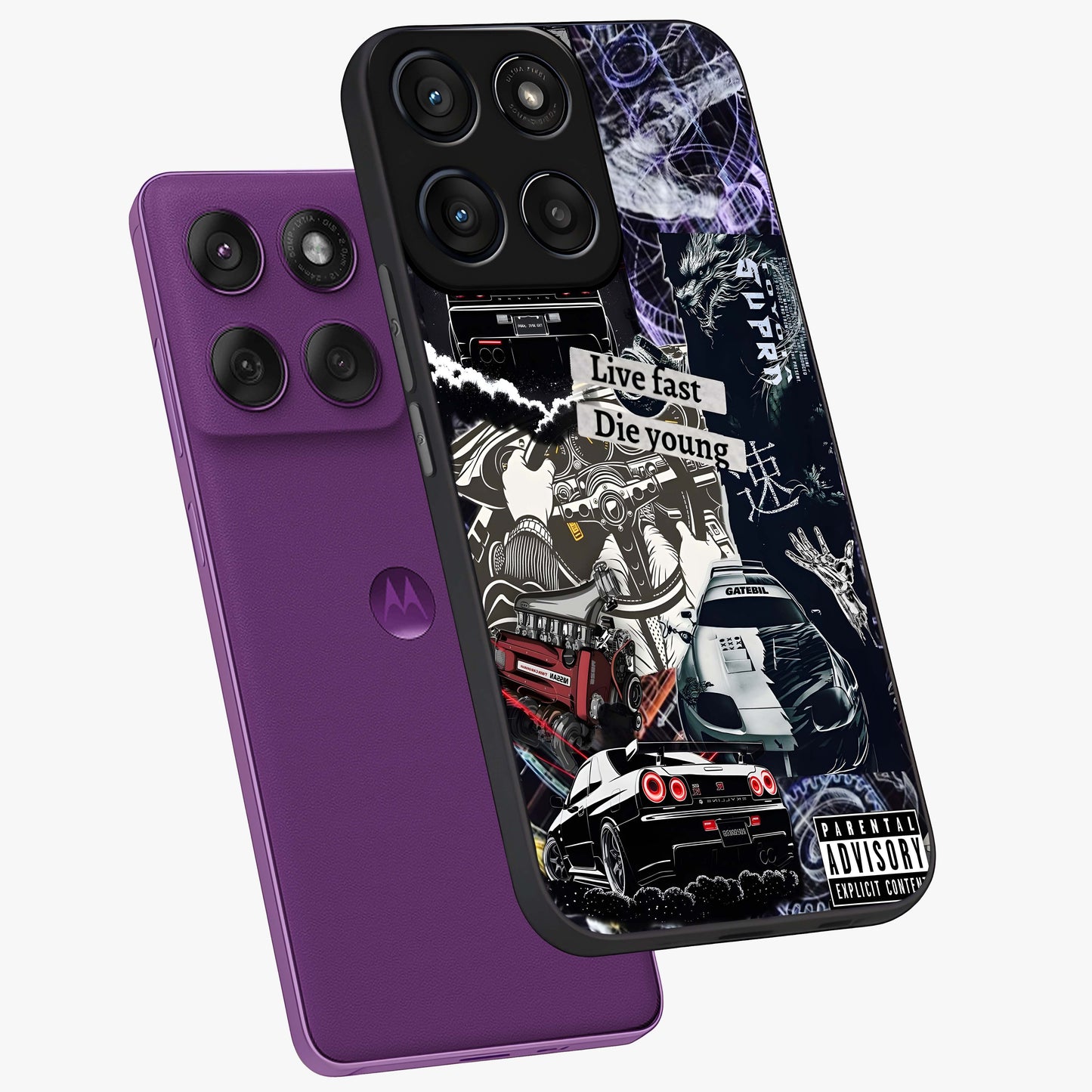 Die Young Glass Case displayed in angled mockup highlighting expressive graphic artwork with edgy aesthetic style.