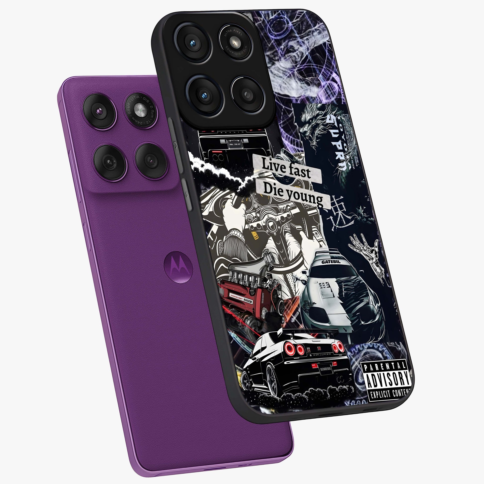 Die Young Glass Case displayed in angled mockup highlighting expressive graphic artwork with edgy aesthetic style.